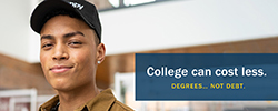 Confident looking young man with "college can cost less" text