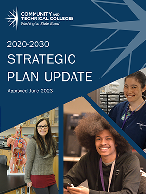 Report cover image that states: State Board for Community and Technical Colleges 2020-2030 Strategic Plan Update, approved June 2023. Includes three colleges students: one woman sitting on a desk next to an anotomical prop and smiling, one woman in scrubs smiling, and one man smiling while sitting at a computer.