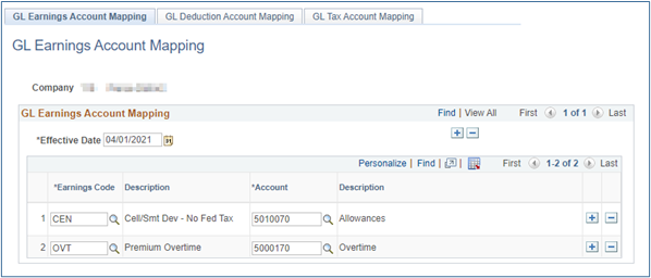 GL earnings account mapping