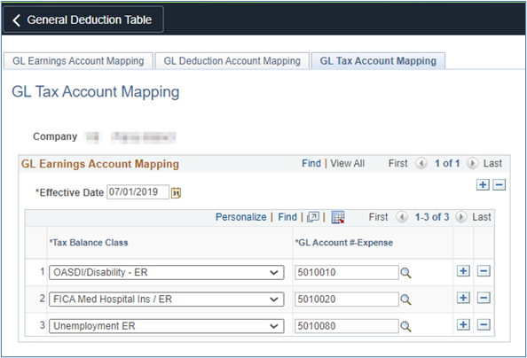 GL tax expense account mapping